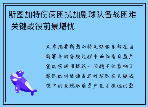 斯图加特伤病困扰加剧球队备战困难 关键战役前景堪忧