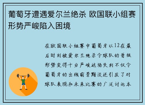 葡萄牙遭遇爱尔兰绝杀 欧国联小组赛形势严峻陷入困境