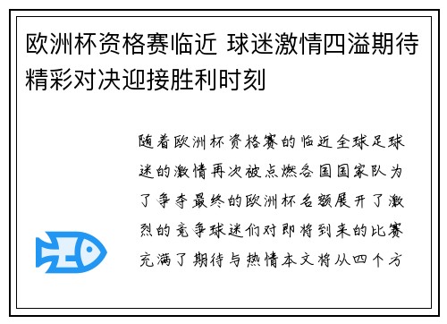 欧洲杯资格赛临近 球迷激情四溢期待精彩对决迎接胜利时刻